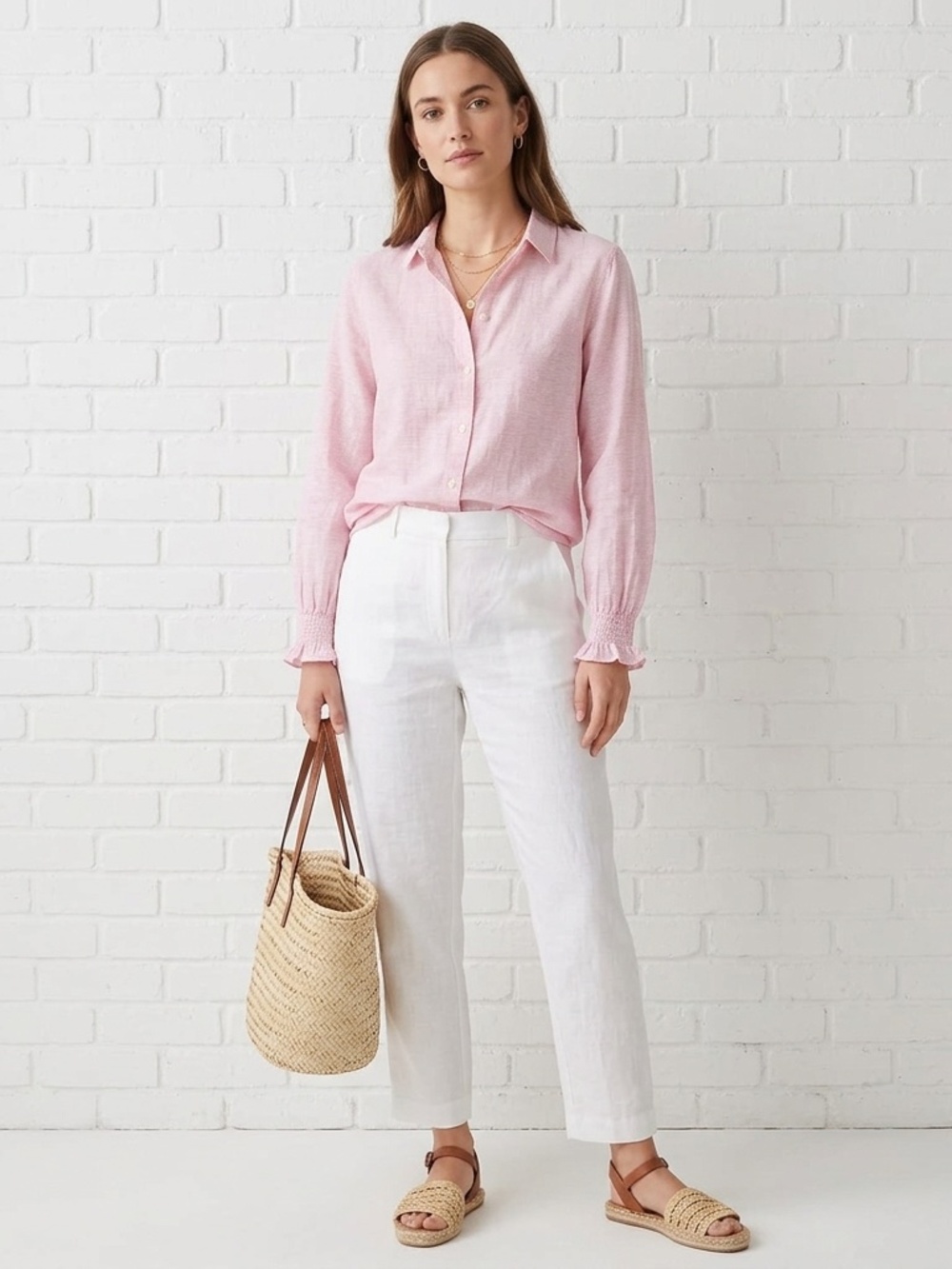 Pink & White Striped Linen Blend Button Down Shirt - Smocked Cuffs - Small
